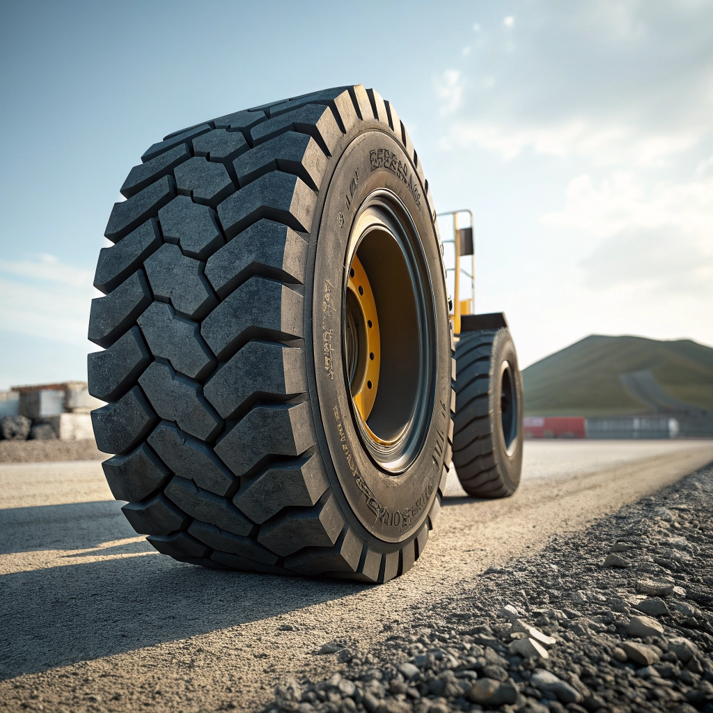 Pneumatic forklift tyre for rough outdoor terrain.