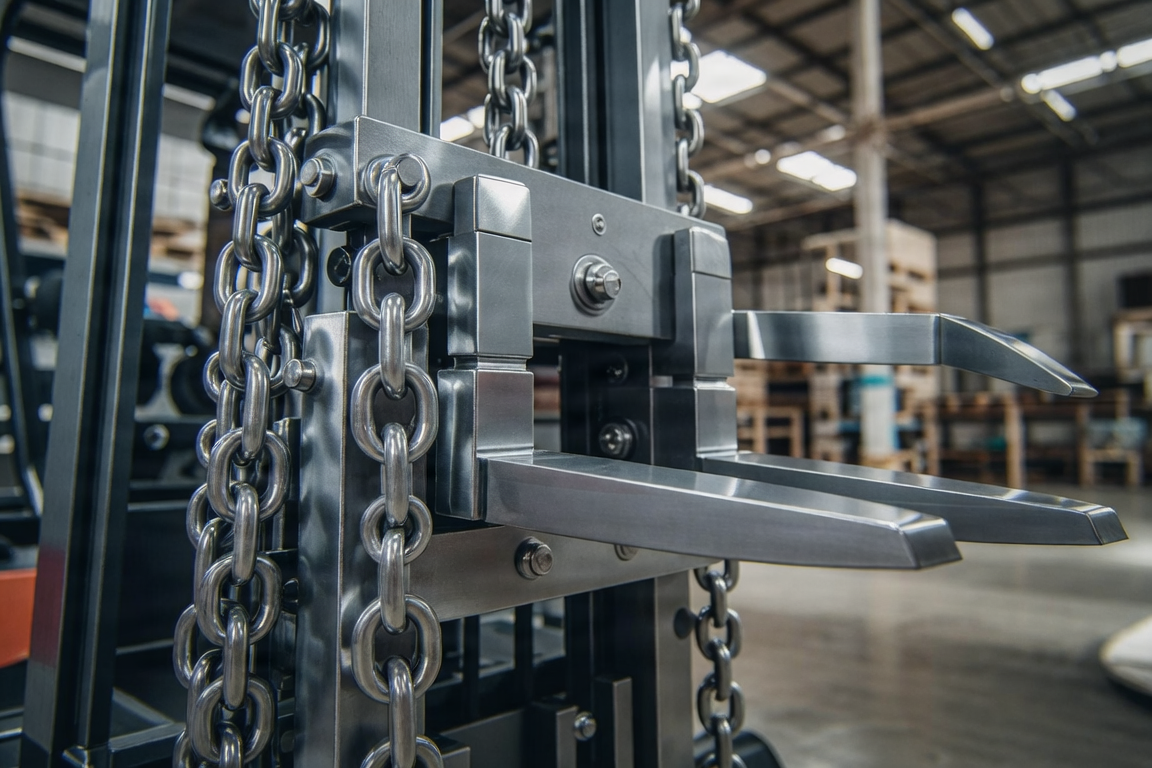 Forklift mast chains and forks close-up